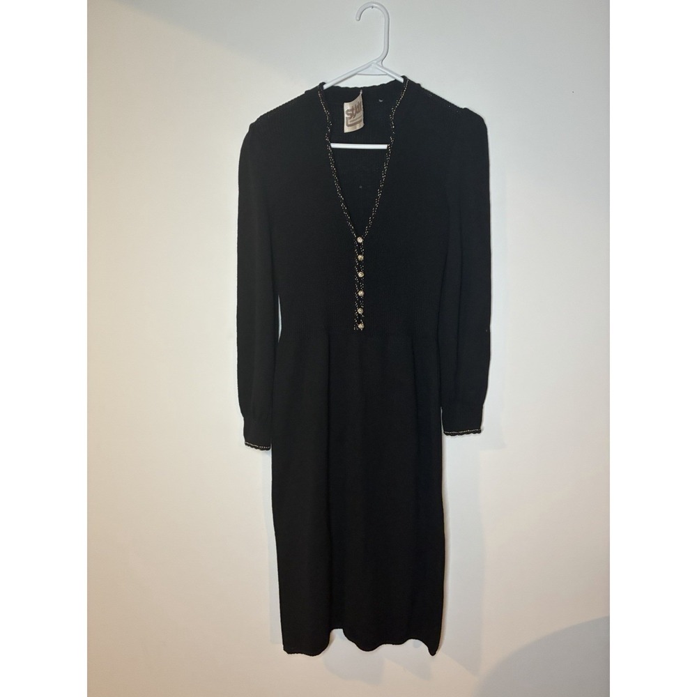 St. John Black Vintage Santana Knit Puffed Sleeve Black Gold Dress S $2995 Hole